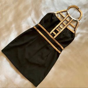 Black Gold Chain Trim Halter Backless A-line Dress